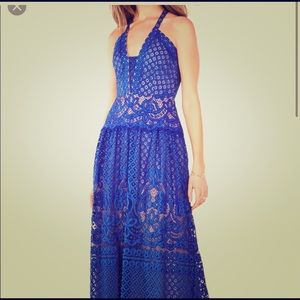 BCBG halter, royal blue, maxi, lace dress.